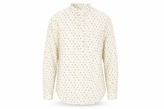Front view of Zara men’s beige geometric polyester button-up, size S, round neck button