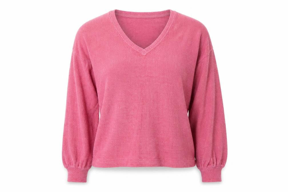 Front view of Marks & Spencer women’s pink v-neck polyester jumper, size M