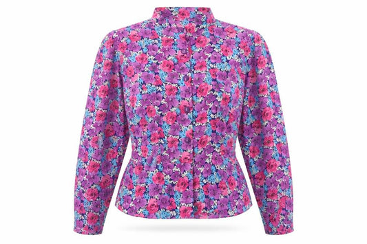 Front view of Preworn women’s purple floral polyester basic button-up, size M, collared