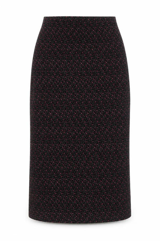 Front view of Preworn women’s black geometric polyester a-line skirt, size UK 10