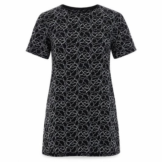 Front view of women’s black floral polyester a-line, size M, round neck pullover