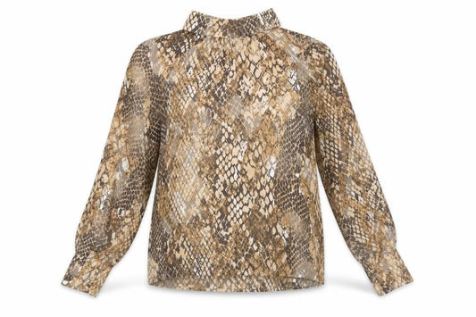 Front view of H&M women’s brown animal print polyester basic blouse, size UK 10, mock neck - snake print