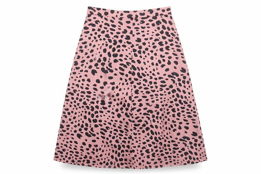 Front view of Preworn women’s pink animal print polyester swing skirt, size S, zip - leopard pattern