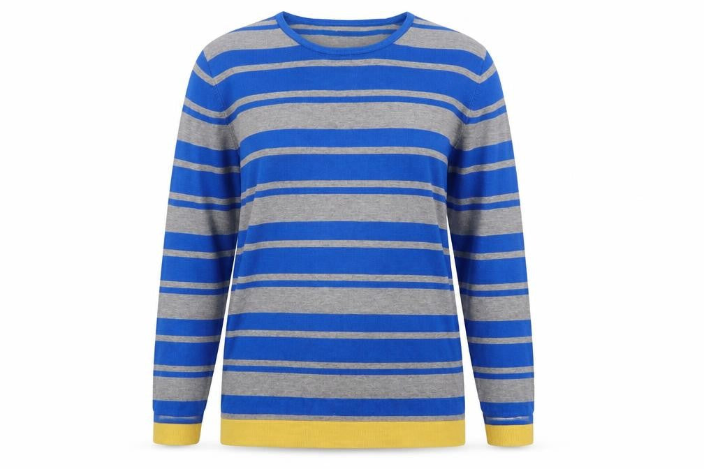 Front view of //Text.. women’s multicoloured scoop neck striped viscose jumper, size M