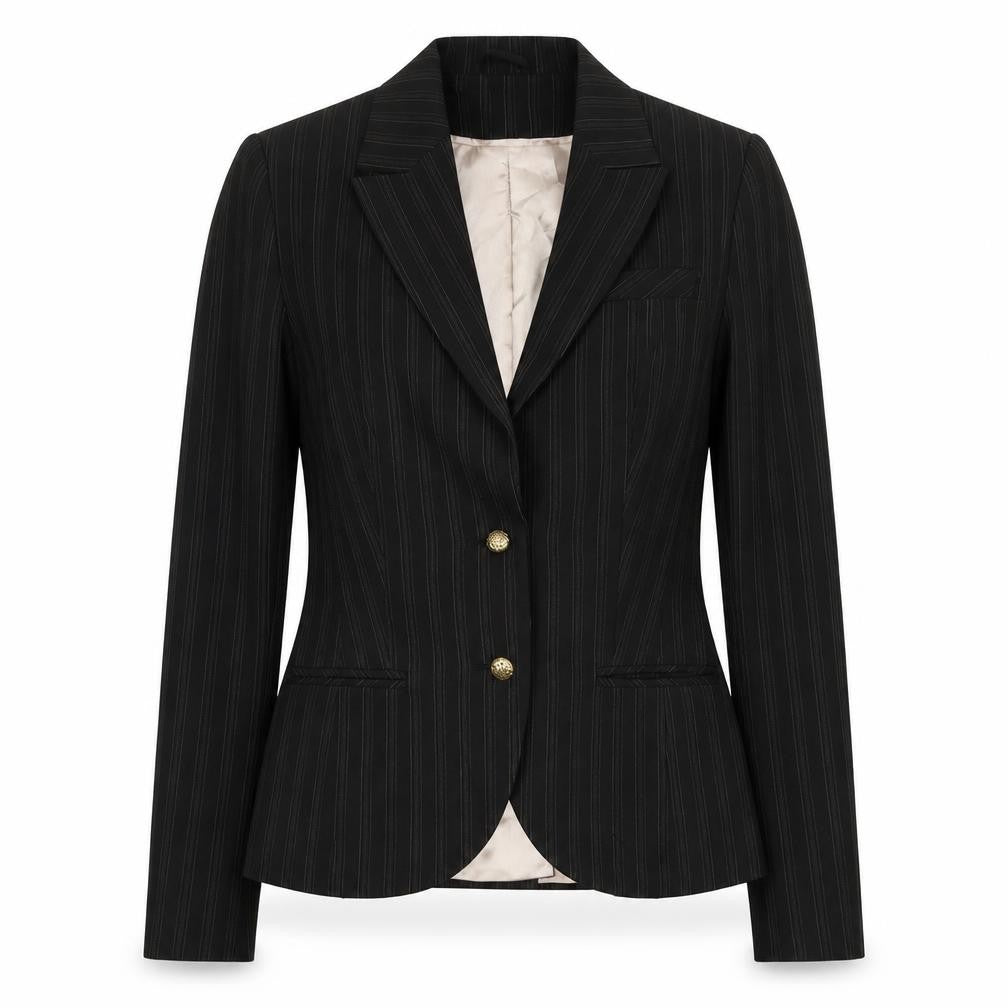 Front view of New Look women’s brown striped polyester jacket blazer, size UK 10