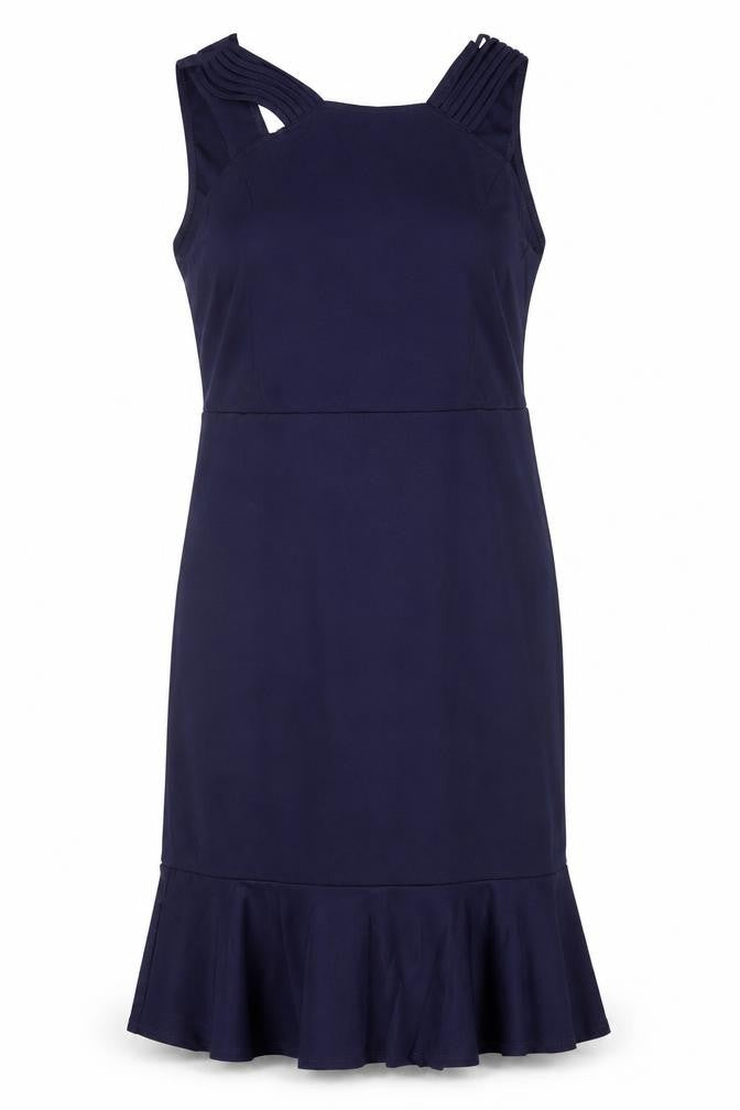 Front view of women’s blue polyester a-line one size round neck zip