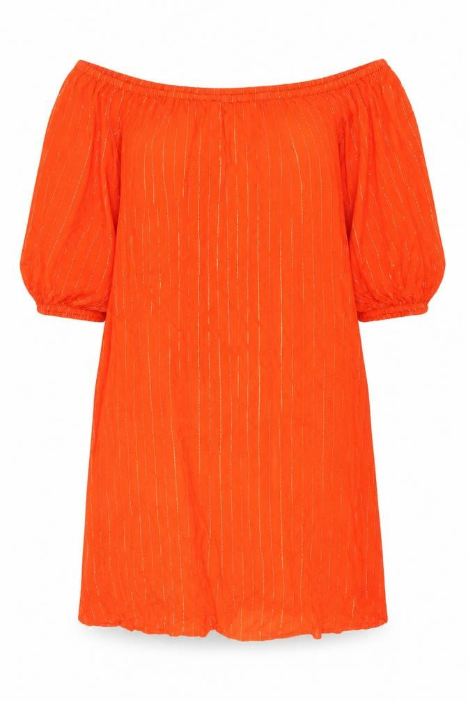 Front view of H&M women’s orange striped polyester a-line, size UK 10, boat neck pullover