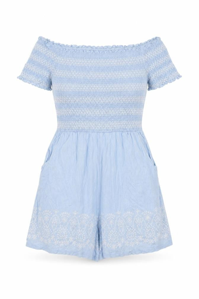 Miss Selfridge Womens Blue Geometric Polyester Playsuit One-Piece Size 10 Pullover - Shirred Bardot