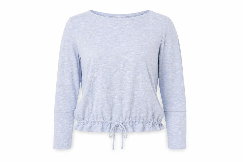 Front view of Deane & White women’s blue round neck viscose jumper, size UK 10