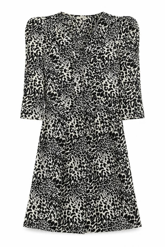 Front view of Oasis women’s black animal print polyester a-line, size XS, v-neck pullover - leopard pattern