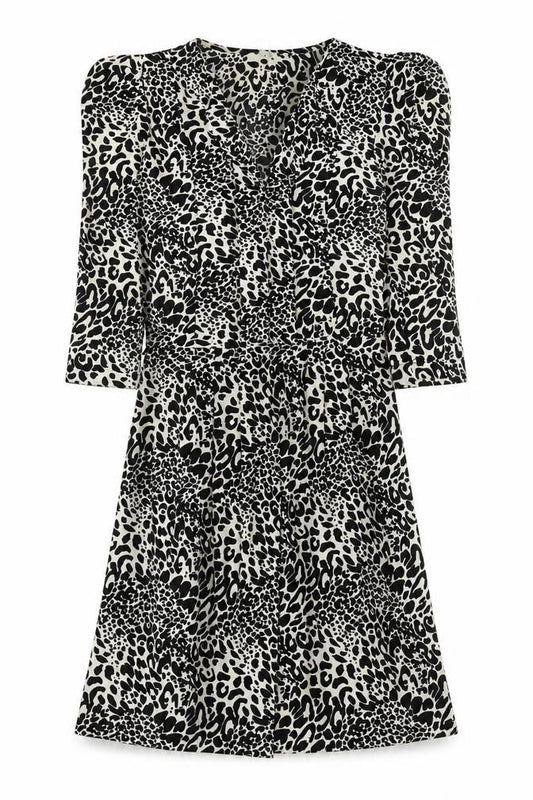 Front view of Oasis women’s black animal print polyester a-line, size XS, v-neck pullover - leopard pattern