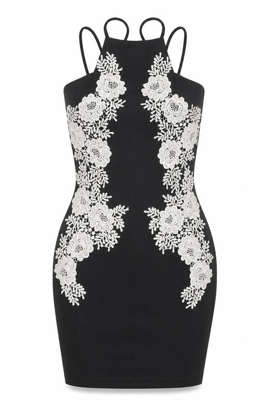 Front view of AX Paris women’s black floral polyester bodycon, size UK 8, square neck pullover