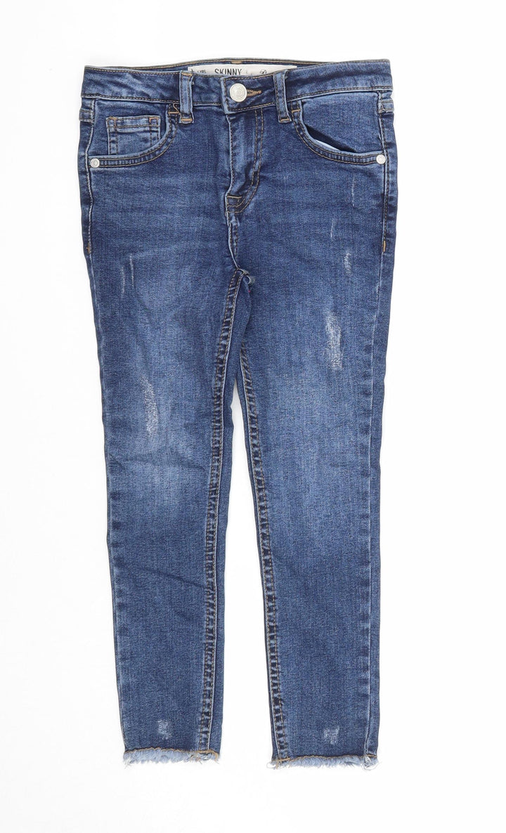 Denim & Co. Girls Blue Cotton Skinny Jeans Size 5-6 Years Regular Zip - Distressed