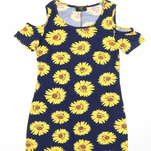AX Paris Womens Blue Floral Polyester Mini Size 10 Round Neck Pullover - Cold Shoulder