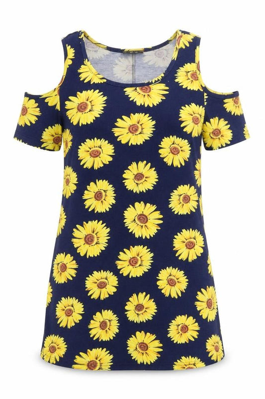 Front view of AX Paris women’s blue floral polyester mini, size UK 10, round neck pullover - cold shoulder
