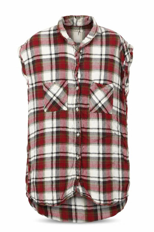 Front view of Next women’s red plaid viscose basic button-up, size UK 10, collared