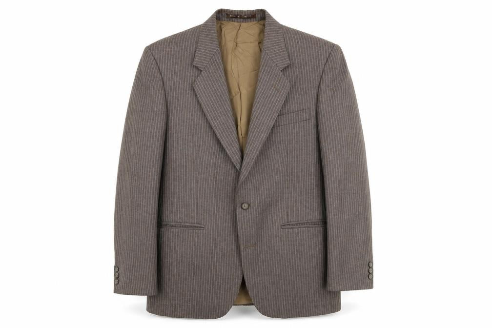 Front view of Burton men’s brown striped wool jacket blazer, size 36, regular