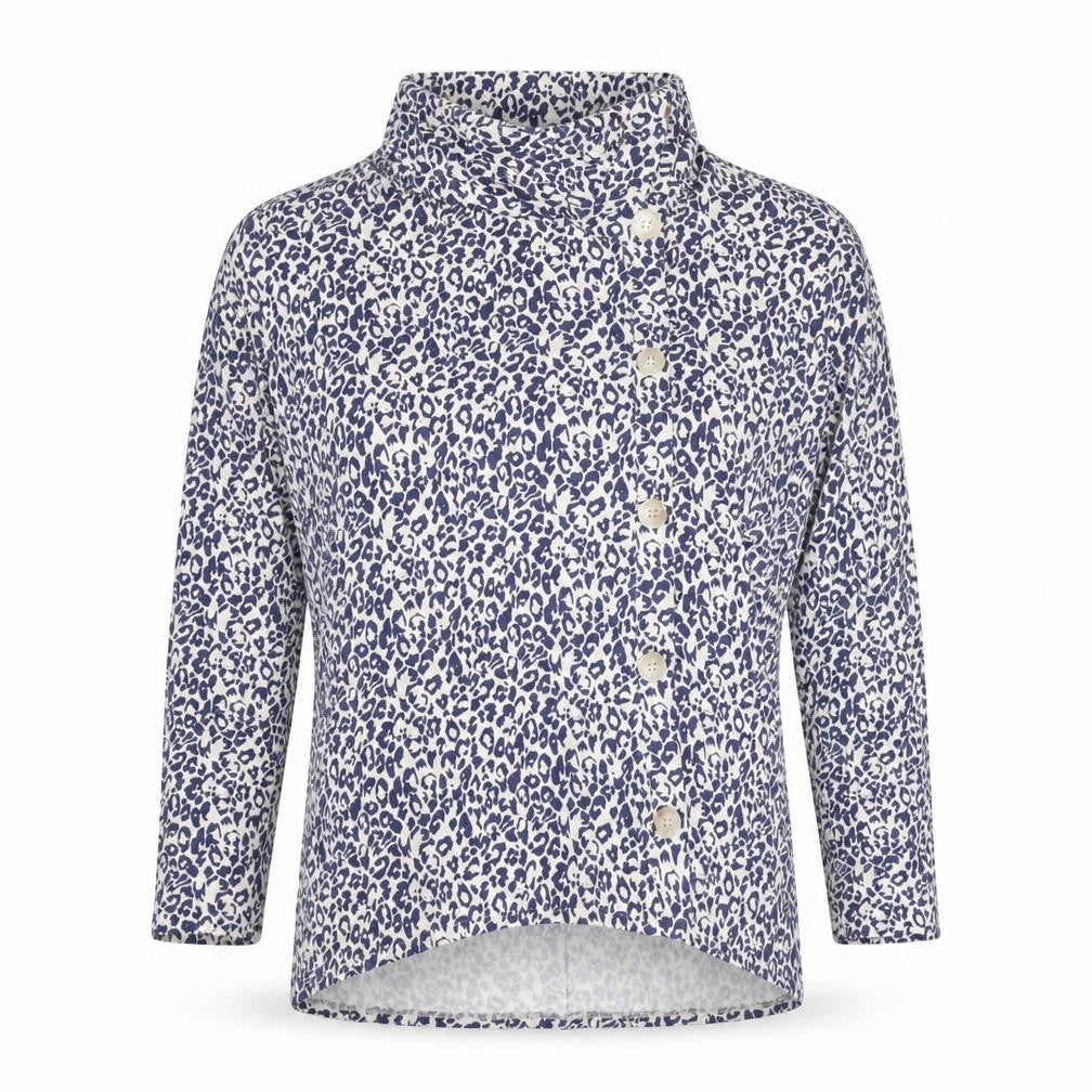 Front view of Phase Eight women’s blue mock neck animal print viscose jumper, size UK 12, - leopard pattern