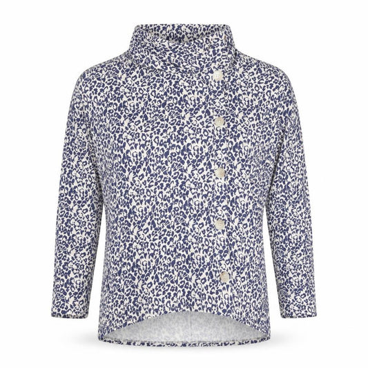 Front view of Phase Eight women’s blue mock neck animal print viscose jumper, size UK 12, - leopard pattern
