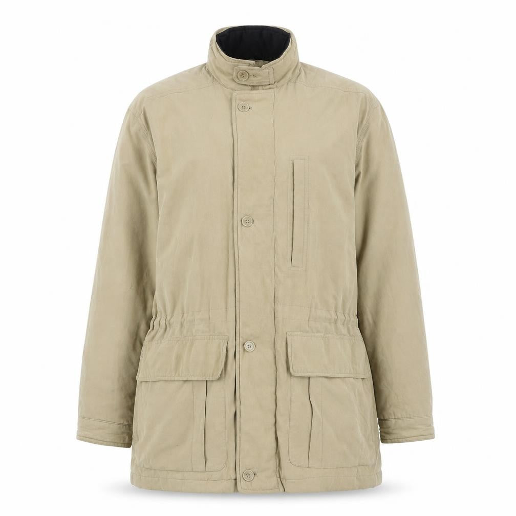 Front view of Dieter Danehl women’s beige parka coat, size M, zip