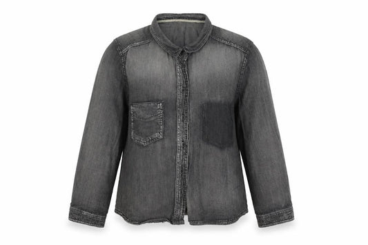 Front view of BDG women’s grey cotton basic button-up, size S, collared