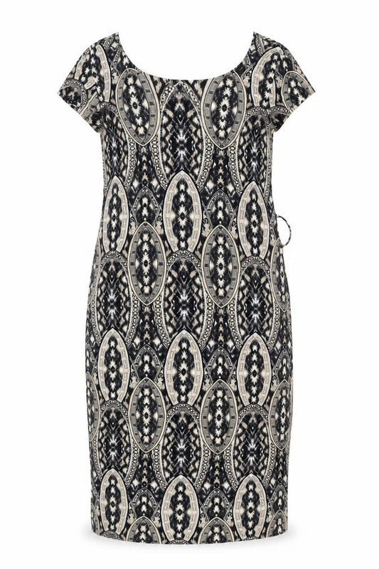 Front view of Wallis women’s black geometric polyester a-line, size M, round neck pullover