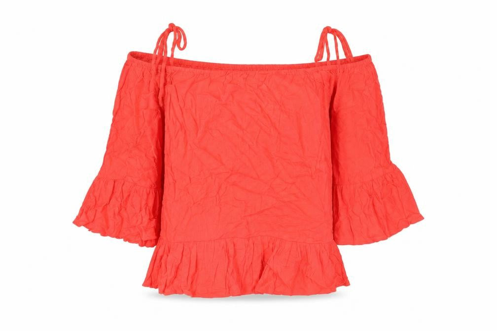 Front view of Atmosphere women’s pink viscose basic blouse, size UK 14, off the shoulder - drop hem