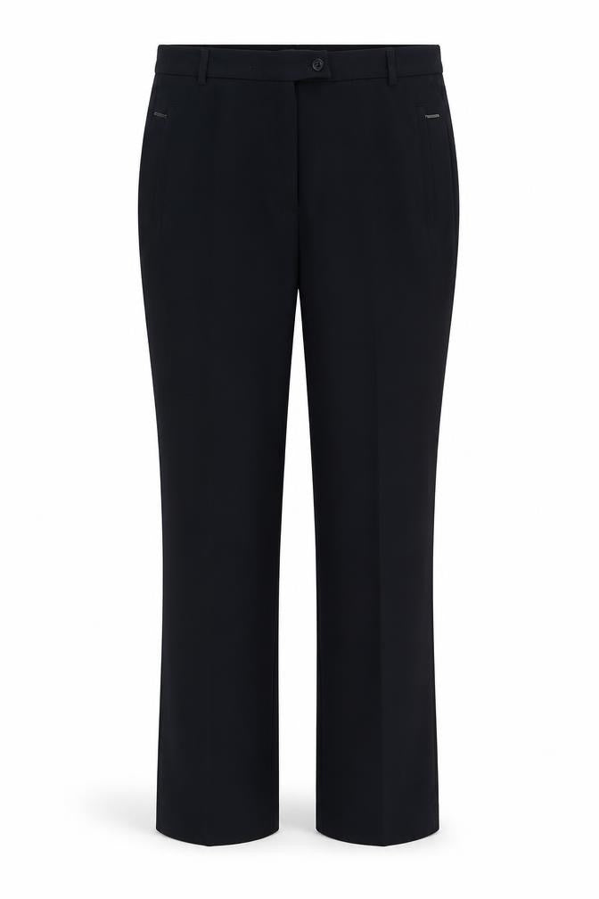 Front view of Marks & Spencer women’s blue polyester trousers, size UK 32, in regular zip