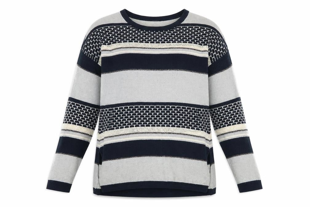 Front view of Warehouse women’s blue round neck striped viscose jumper, size UK 6
