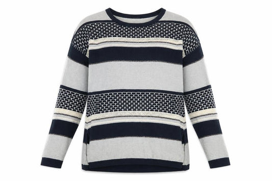 Front view of Warehouse women’s blue round neck striped viscose jumper, size UK 6