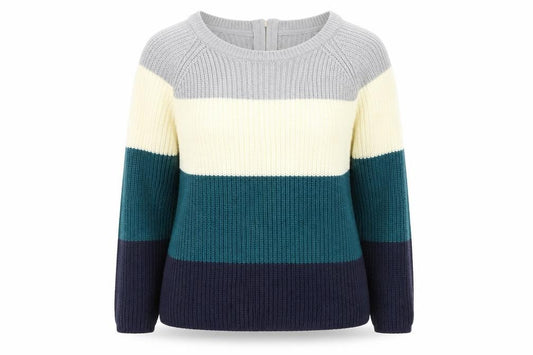 Front view of Intuition women’s multicoloured scoop neck striped acrylic jumper, size UK 12