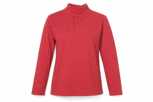 Front view of atlasforwomen women’s red 100% cotton basic t-shirt, size UK 12, mock neck