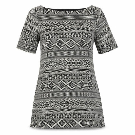 Front view of River Island women’s black geometric polyester a-line, size UK 10, boat neck pullover