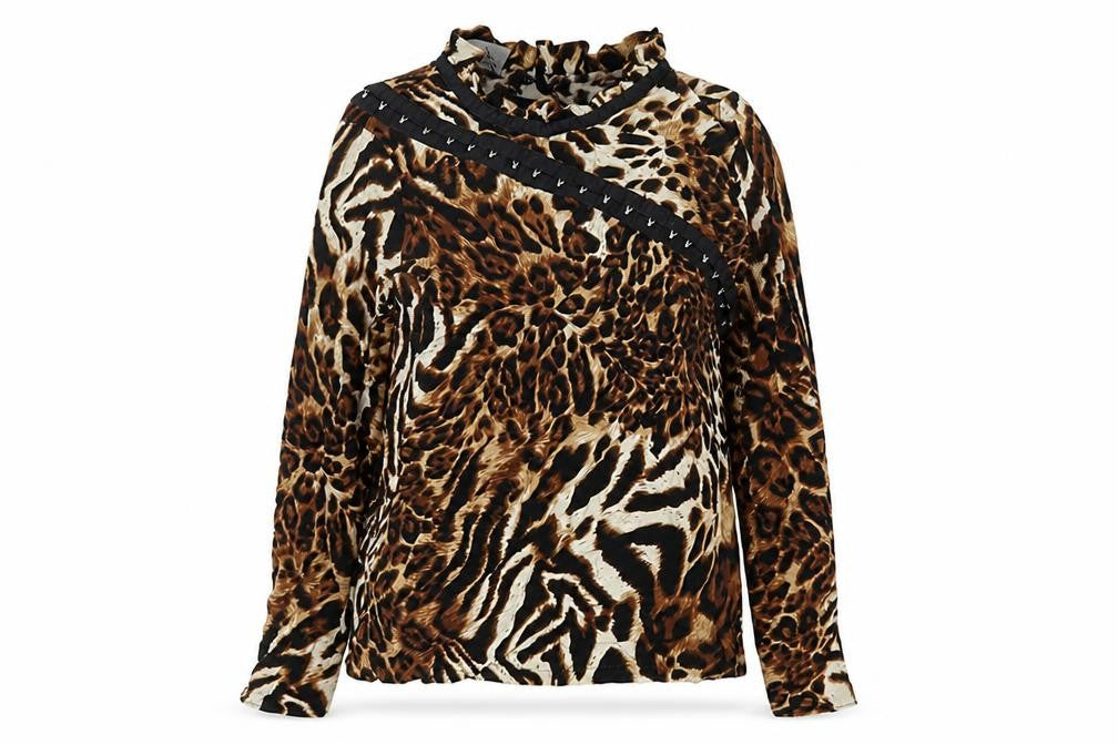 Front view of Reclaimed Vintage women’s brown animal print viscose basic blouse, size M, round neck - leopard print