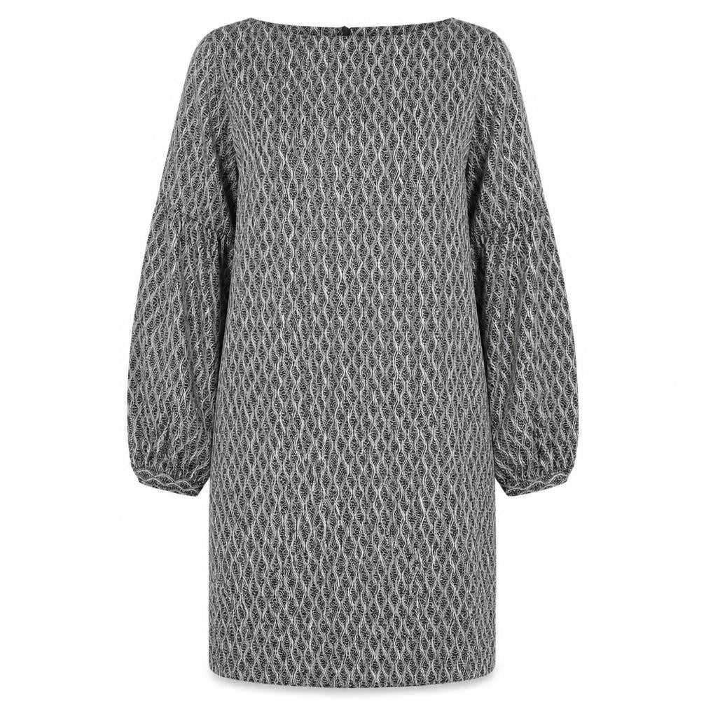 Front view of Wallis women’s grey geometric polyester shift, size UK 14, scoop neck zip