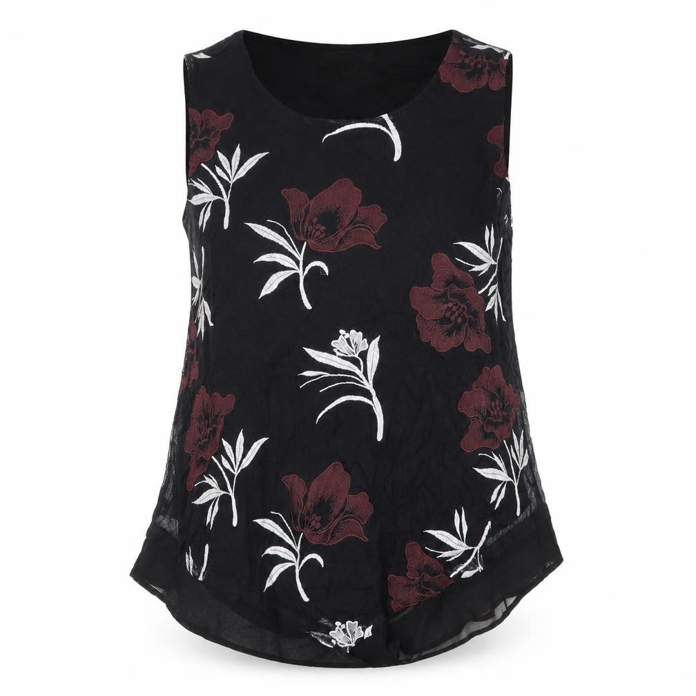 Front view of Alfani women’s black floral nylon basic tank, size M, round neck