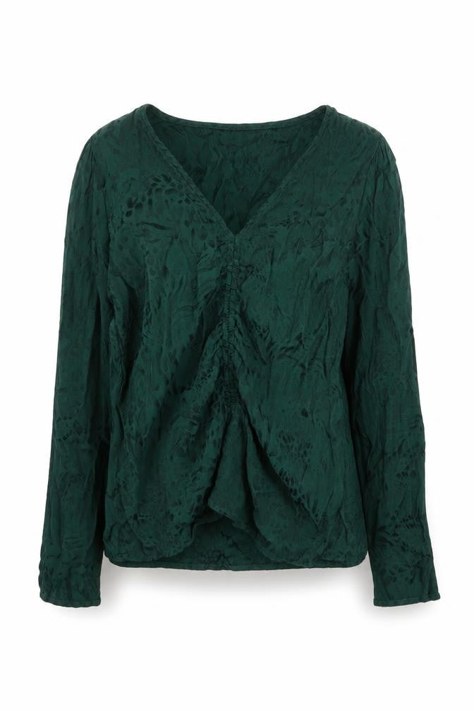 Front view of H&M women’s green geometric viscose basic blouse, size UK 6, v-neck