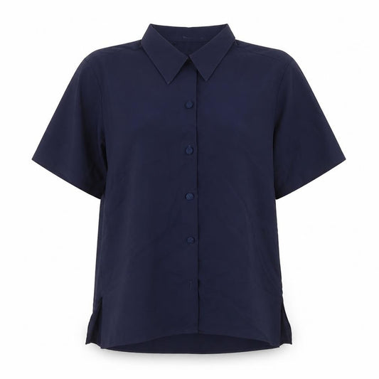Front view of St Michael women’s blue polyester basic button-up, size UK 14, collared