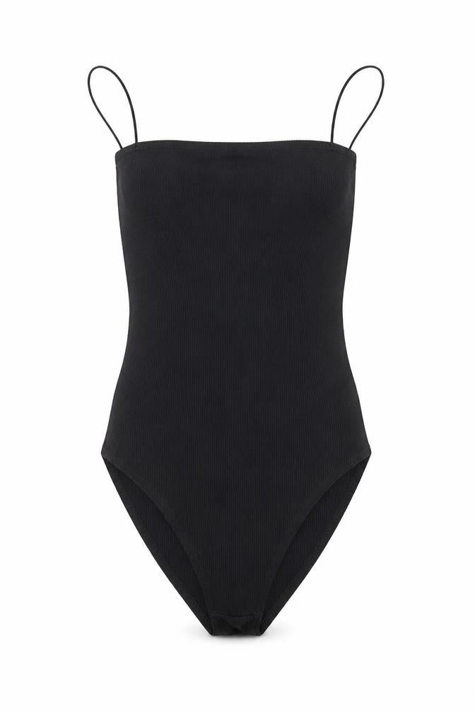 Front view of Boohoo women’s black cotton bodysuit one-piece, size UK 6, pullover - ribbed