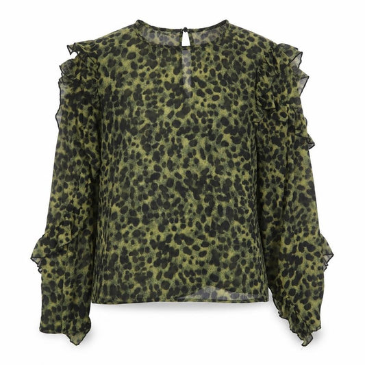 Front view of H&M women’s green animal print polyester basic blouse, size UK 6, round neck - hyena print