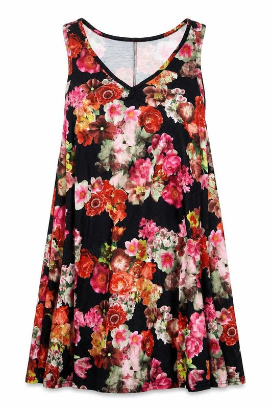 Front view of Boohoo women’s multicoloured floral polyester trapeze & swing, size UK 8, v-neck pullover