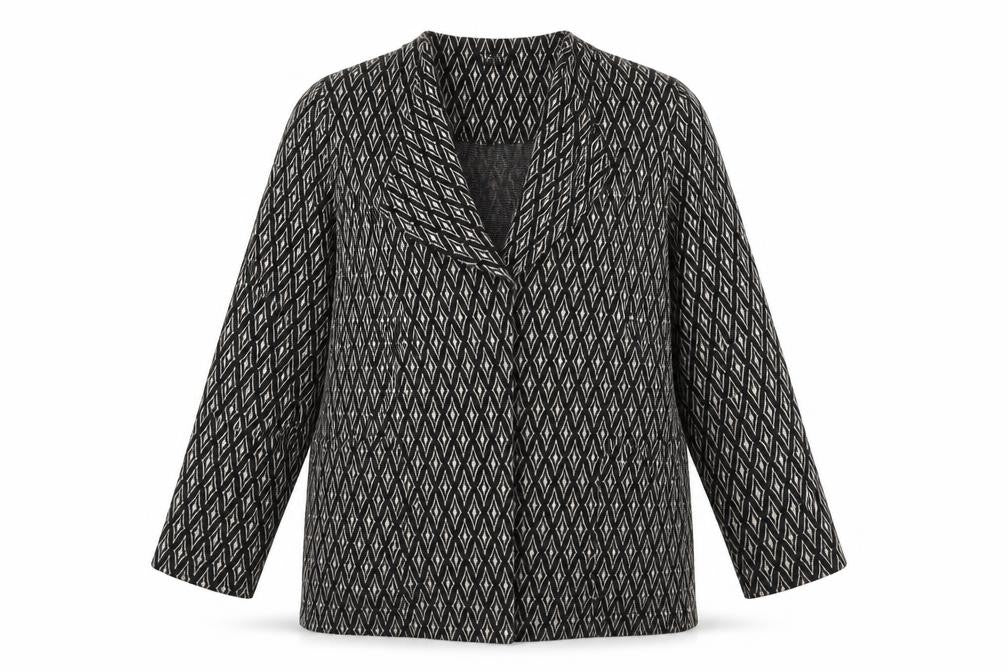 Front view of Klass women’s grey geometric jacket coatigan, size L