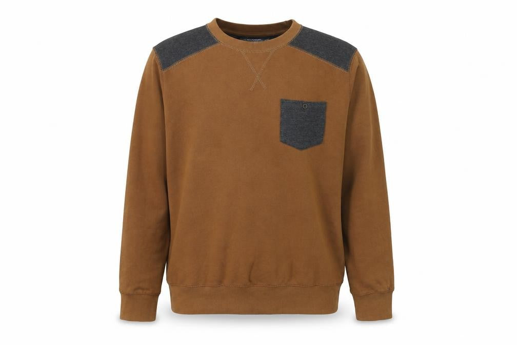 Front view of Twisted Soul men’s brown cotton pullover sweatshirt, size M, - elbow patches