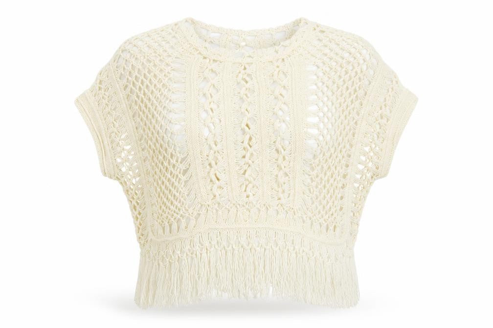 Front view of New Look women’s ivory acrylic basic blouse, size S, round neck