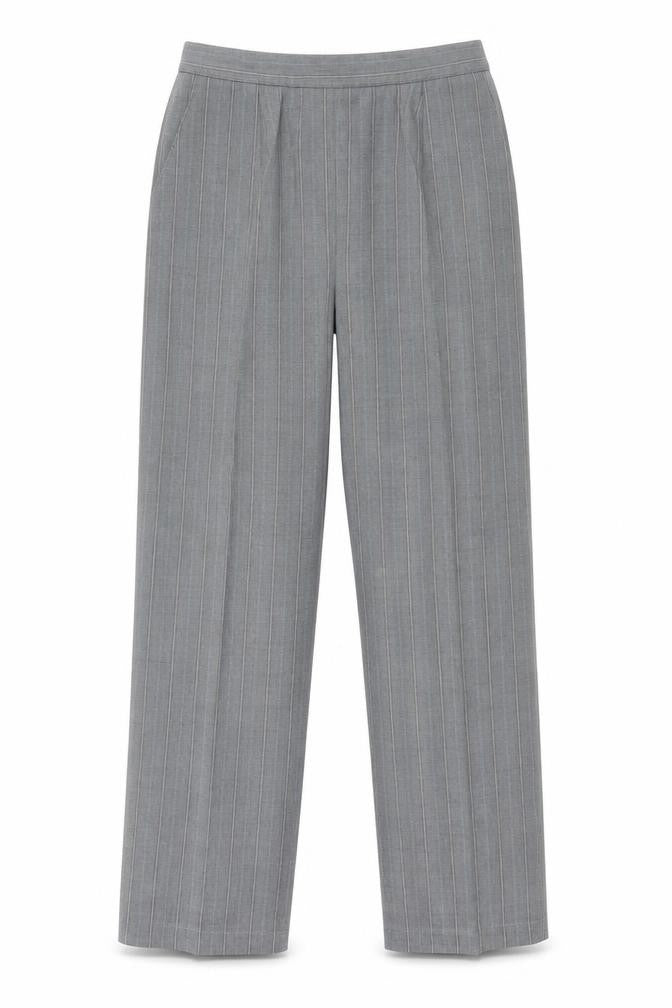 Front view of Preworn women’s grey striped polyester trousers, size UK 12, regular
