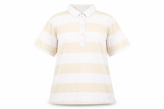 Front view of Next women’s pink striped cotton basic polo, size UK 12, collared