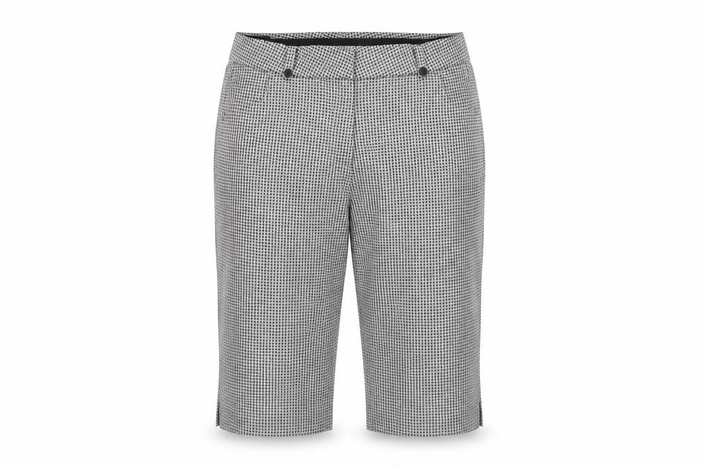 Front view of Sunice women’s black geometric polyester cropped trousers, size UK 12, regular hook & eye