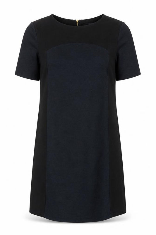 Front view of Warehouse women’s black polyester a-line, size UK 10, round neck zip