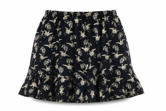 Front view of Preworn women’s black geometric viscose skater skirt, size UK 28, in - bird pattern