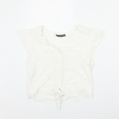 Bershka Womens Ivory Viscose Basic Button-Up Size S V-Neck - Tie Front